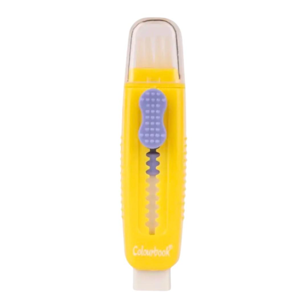 Gomma Colourbook Sweepy con spazzolino integrato per cancellare pulito.