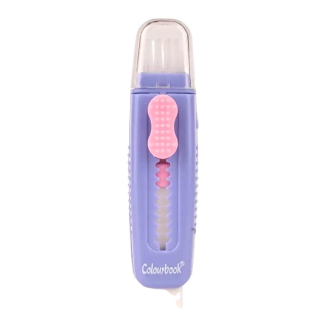 Gomma Colourbook Sweepy con spazzolino integrato per cancellare pulito.