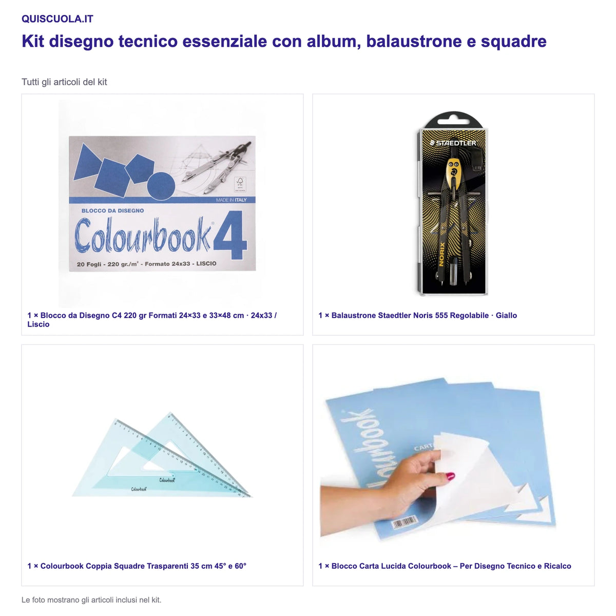 Copertina Kit disegno tecnico essenziale con album, balaustrone e squadre — tutti gli articoli