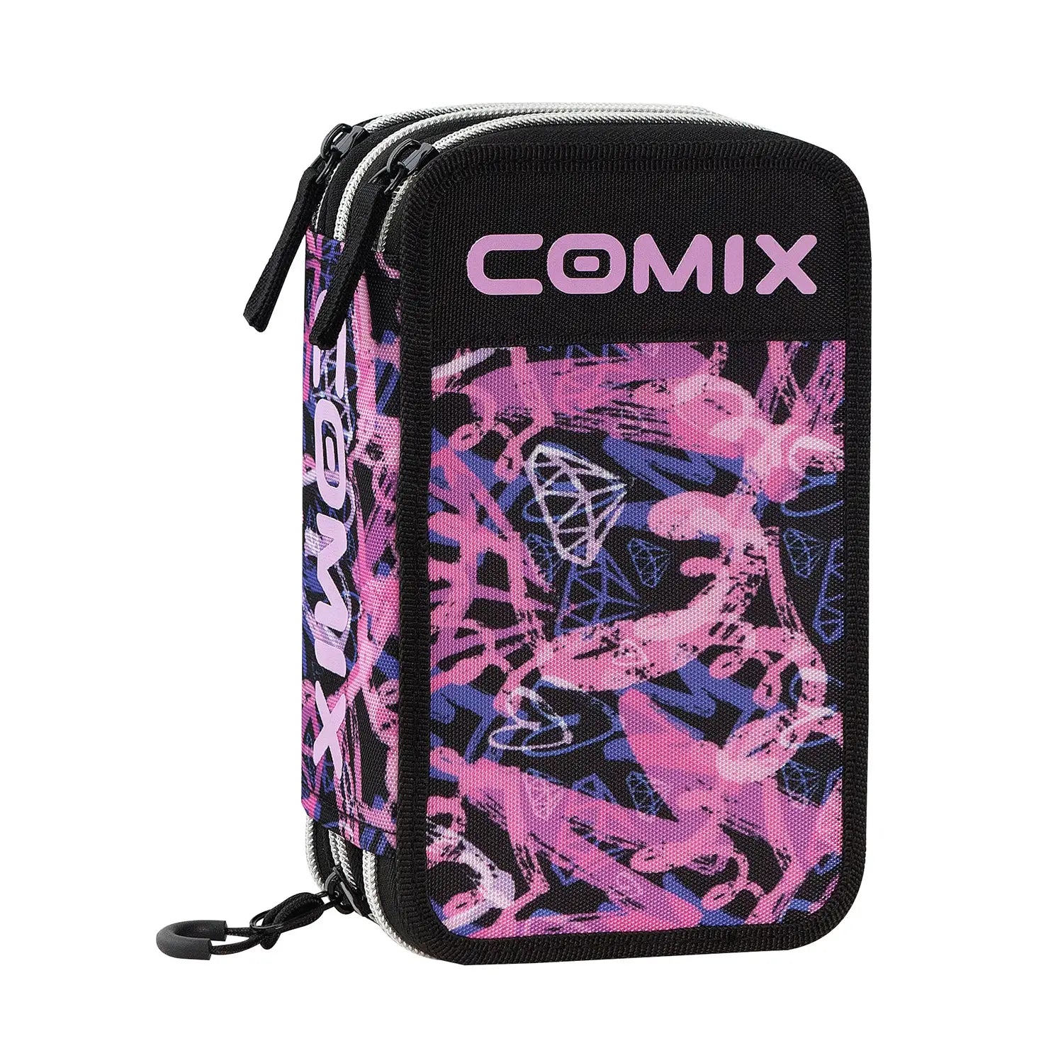 Astuccio scuola Comix 3 zip Princess nero rosa completo.