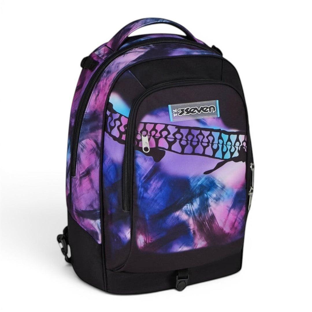 Quiscuola.it galaxy print rolling backpack with purple, pink, and blue hues. Features telescopic handle, wheels, and multiple compartments.