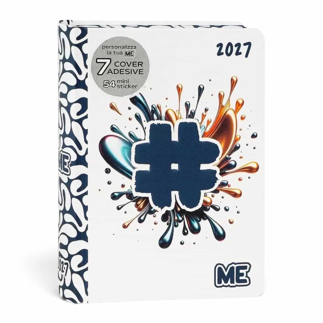 Quiscuola.it – Zaini, Astucci e Diari Scuola 2026/27 daily planner with white cover, blue hashtag, and paint splash art