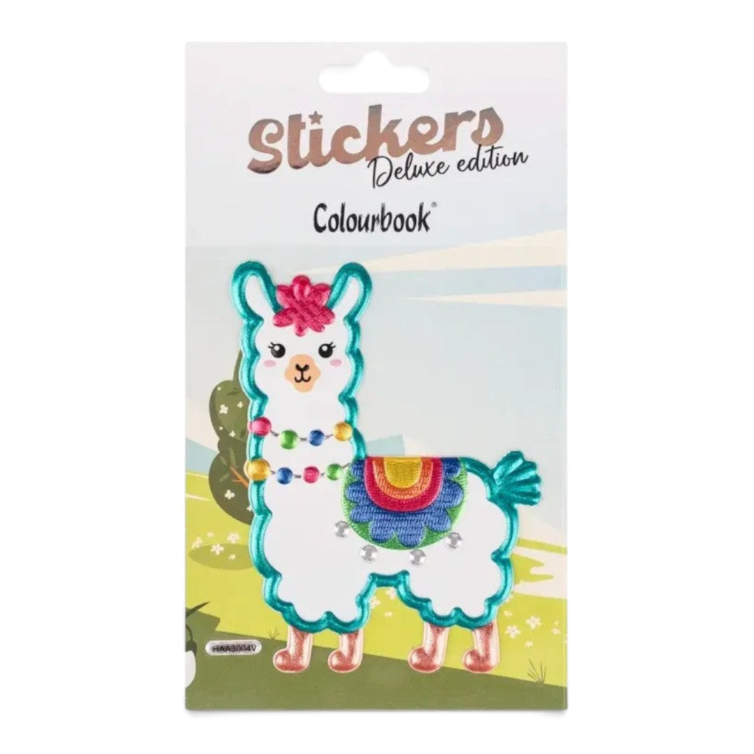 Quiscuola.it – Zaini, Astucci e Diari Scuola 3D llama sticker with colorful embroidered details on backing card