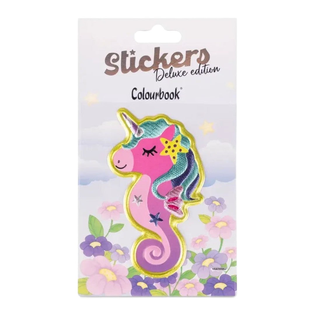 Quiscuola.it – Zaini, Astucci e Diari Scuola 3D sea unicorn sticker with pink body, blue mane, and gold accents.