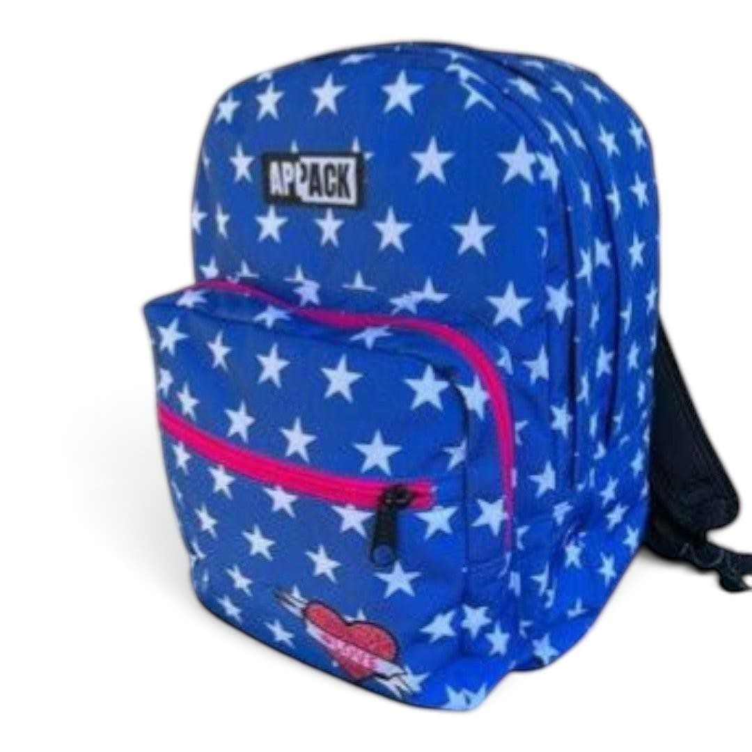Quiscuola.it – Zaini, Astucci e Diari Scuola Appack blue school backpack with white stars, heart patch, and two pockets