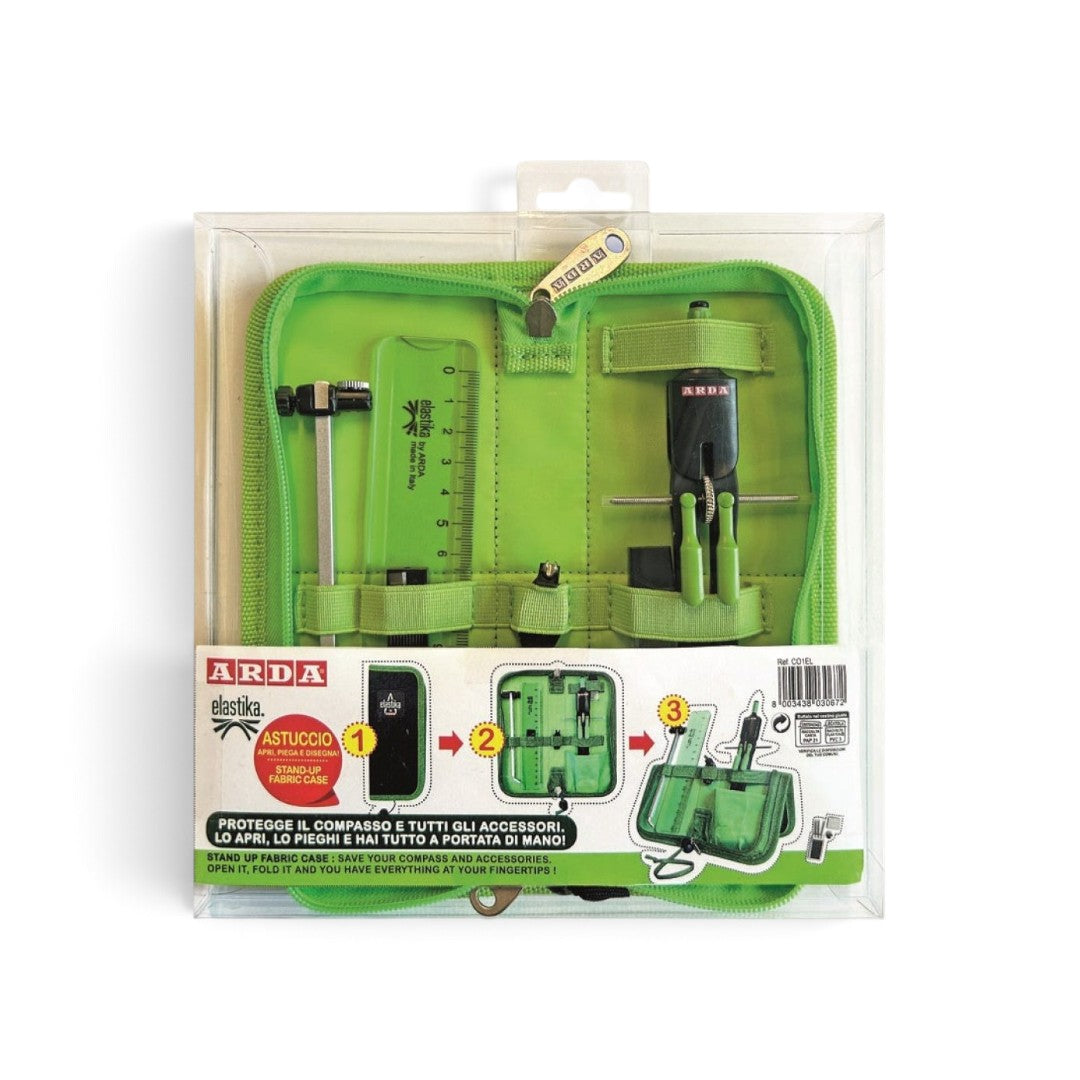 Quiscuola.it – Zaini, Astucci e Diari Scuola 6-piece Arda Elastika compass set in a green foldable fabric case