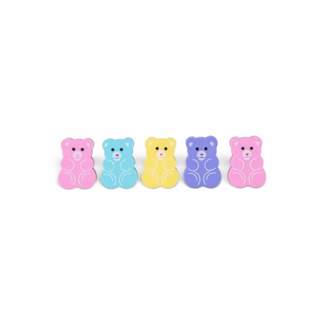 Quiscuola.it – Zaini, Astucci e Diari Scuola set of five pastel bear-shaped erasers in pink, blue, yellow, and purple.