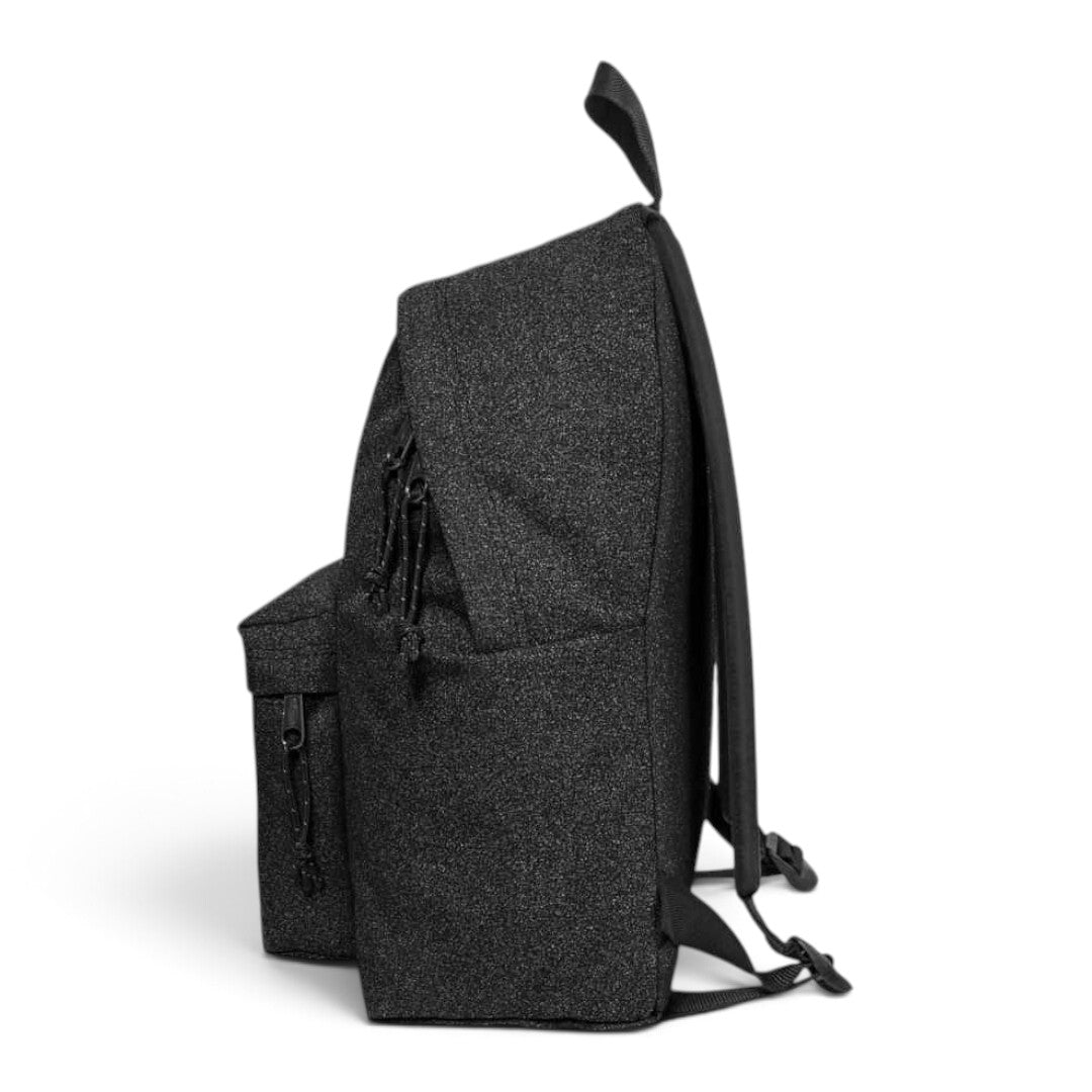 Side view of the Quiscuola.it – Zaini, Astucci e Diari Scuola Eastpak Padded Pak'r backpack in black glitter finish.