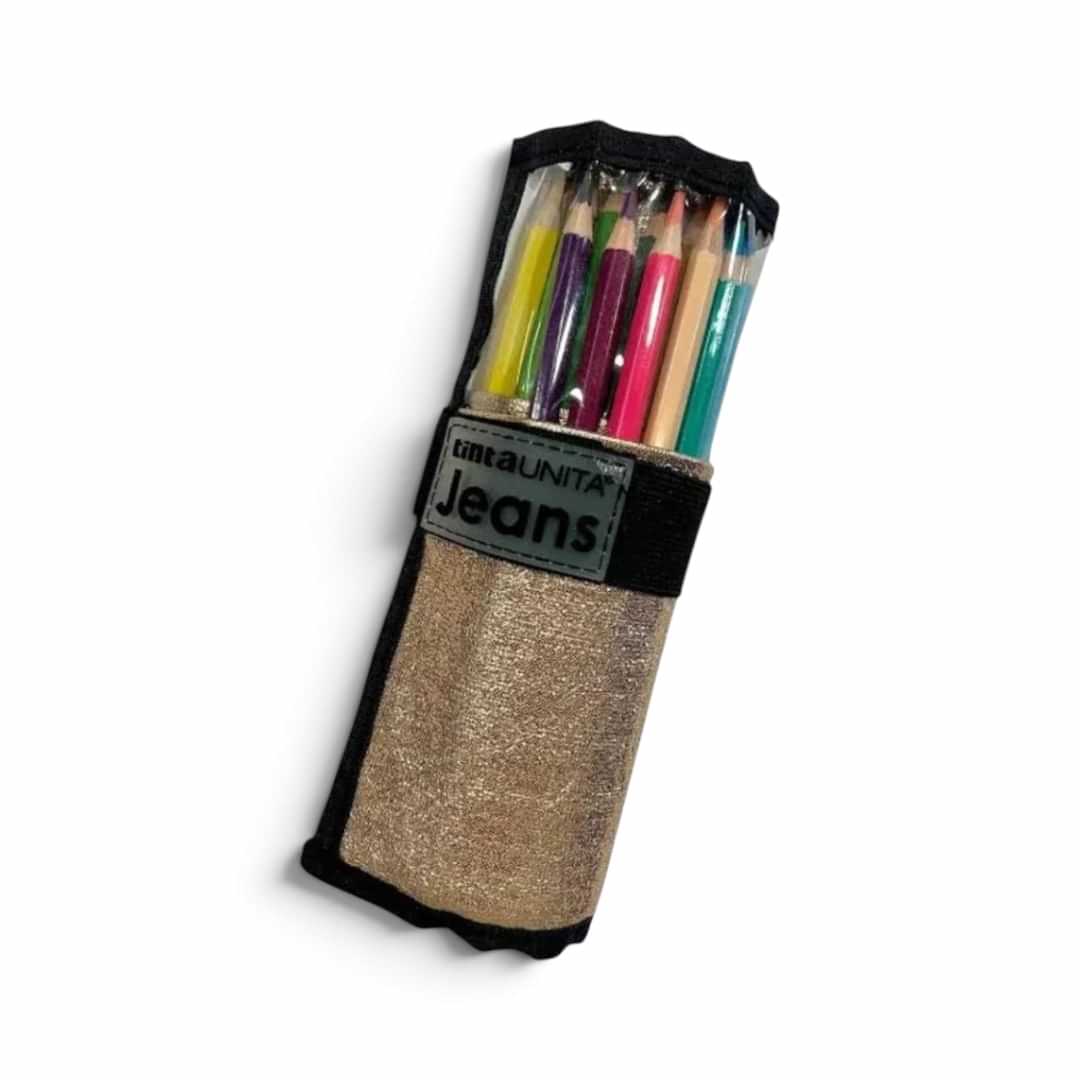 Quiscuola.it – Zaini, Astucci e Diari Scuola roll-up pencil case in champagne metallic fabric with 25 colored pencils