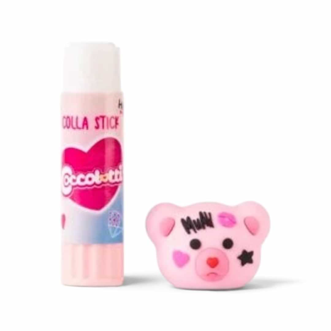 Quiscuola.it – Zaini, Astucci e Diari Scuola Coccolotti glitter glue stick with pink bear cap featuring heart motifs
