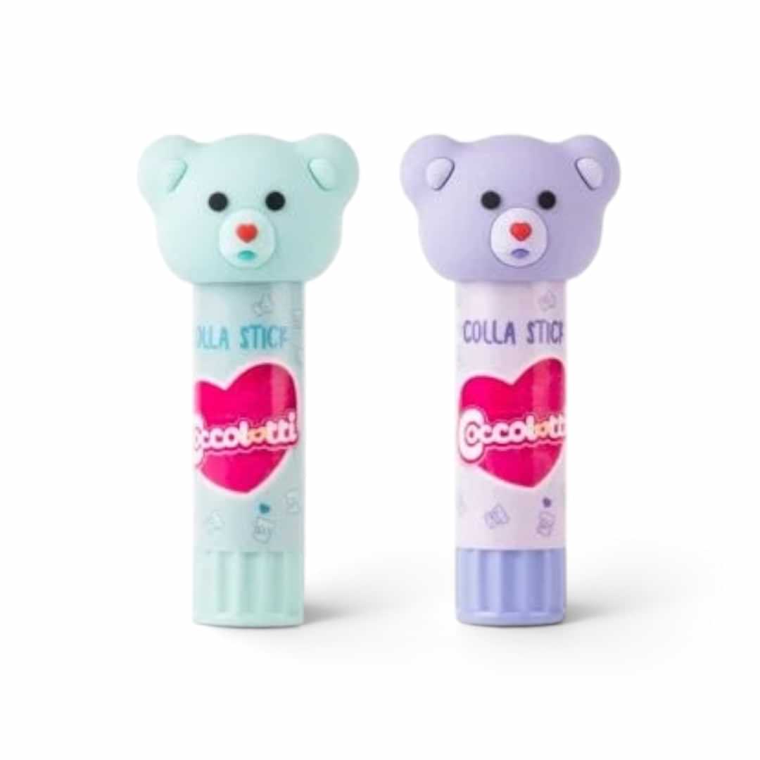 Quiscuola.it – Zaini, Astucci e Diari Scuola Coccolotti glue sticks in lilla and green with cute bear cap designs