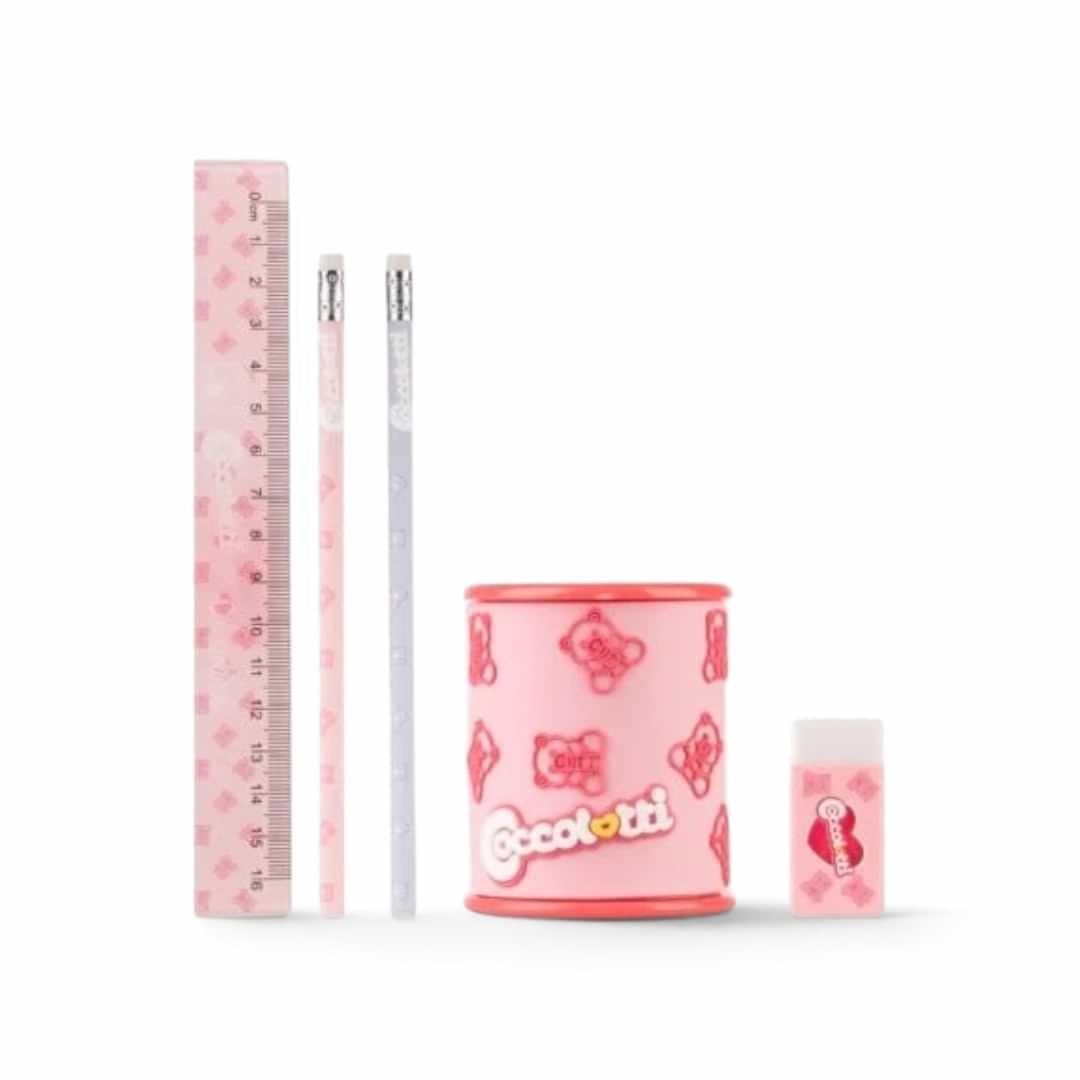 Quiscuola.it – Zaini, Astucci e Diari Scuola Coccolotti stationery set with pink pencils, eraser, ruler, and sharpener