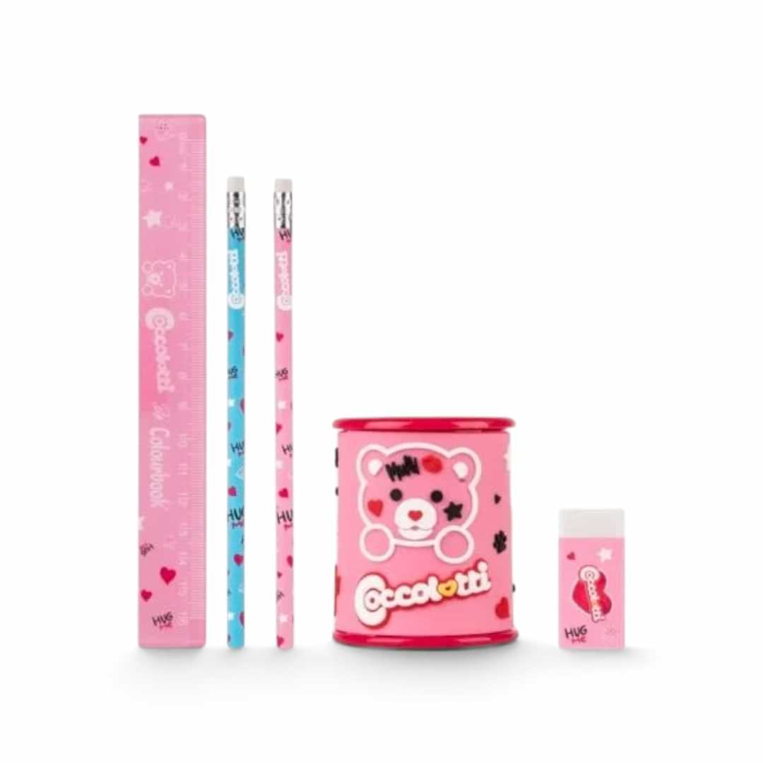 Quiscuola.it – Zaini, Astucci e Diari Scuola Coccolotti stationery set with pink ruler, pencils, sharpener and eraser