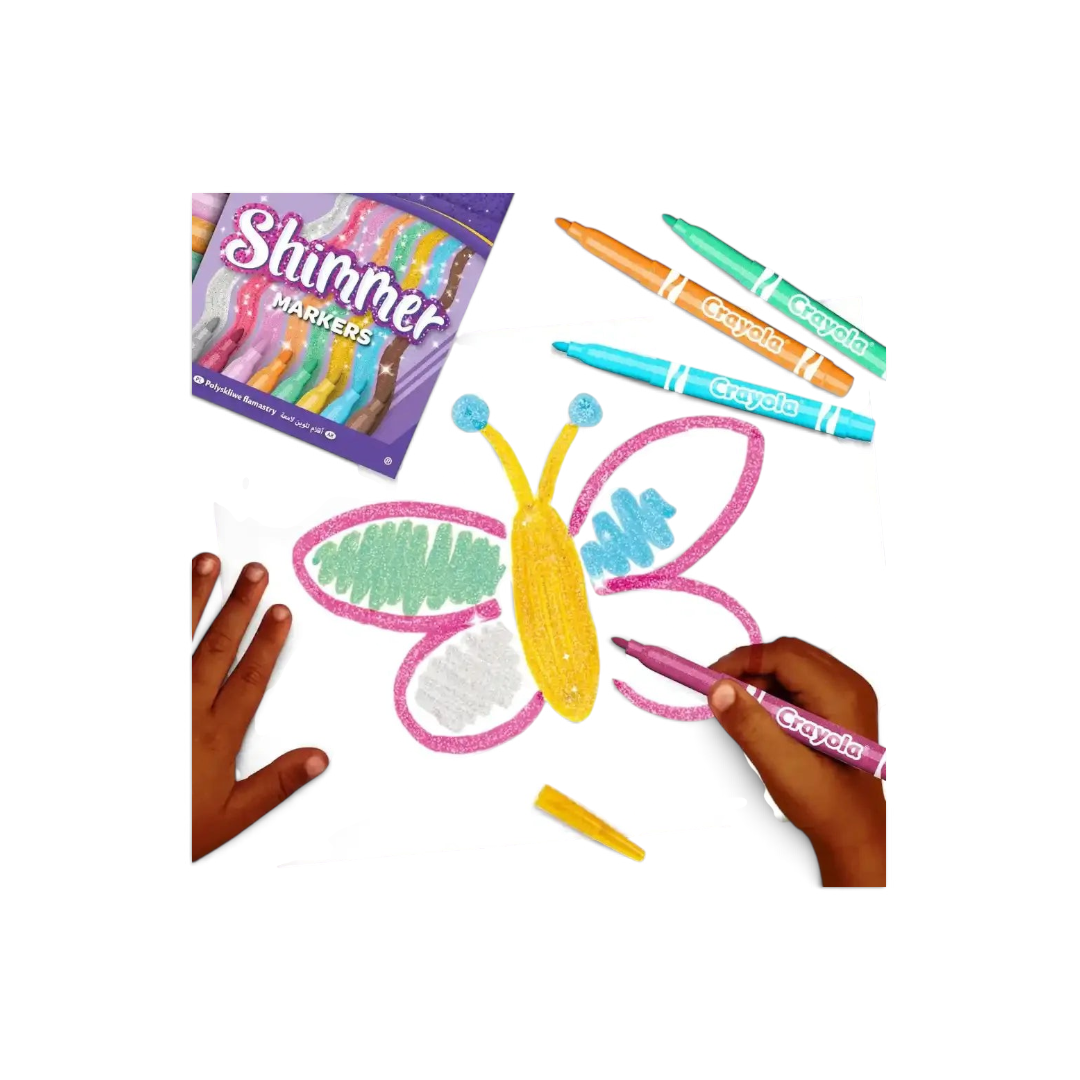 Quiscuola.it – Zaini, Astucci e Diari Scuola Crayola Shimmer markers set of 8 used to color a butterfly drawing