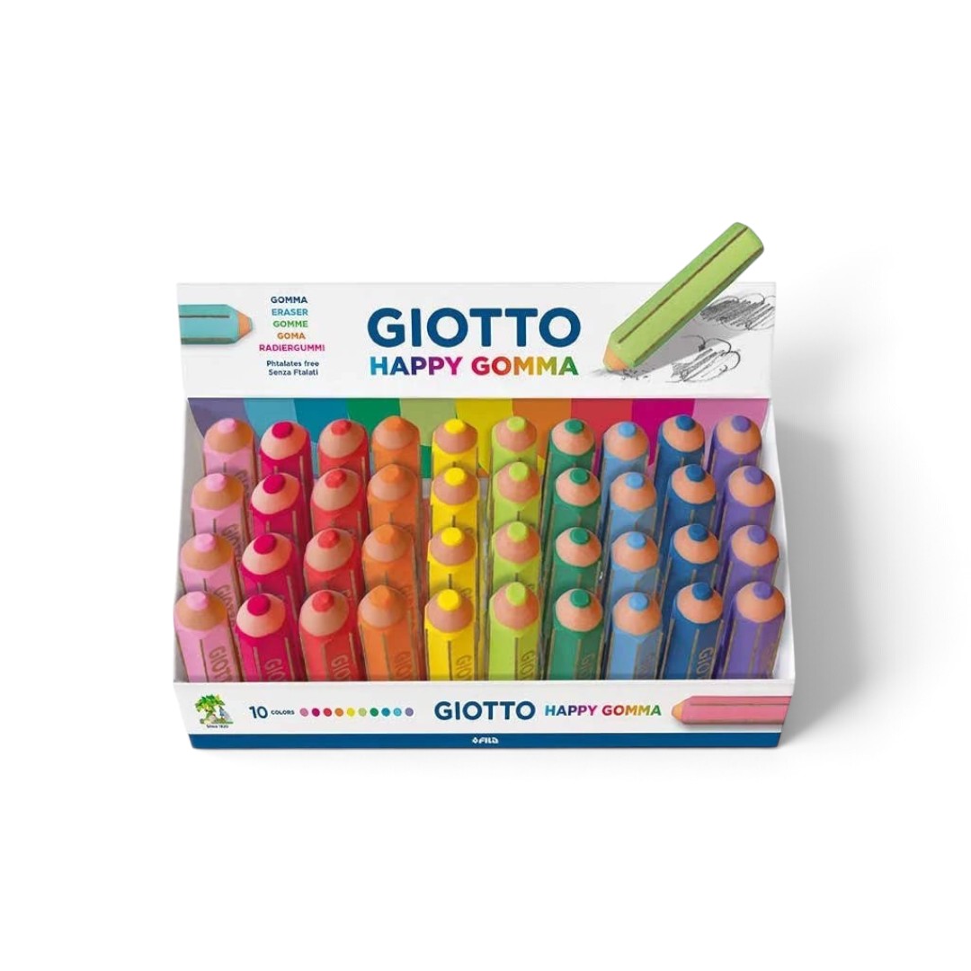 Quiscuola.it – Zaini, Astucci e Diari Scuola display box of Giotto Happy pastel pencil-shaped erasers in 10 colors