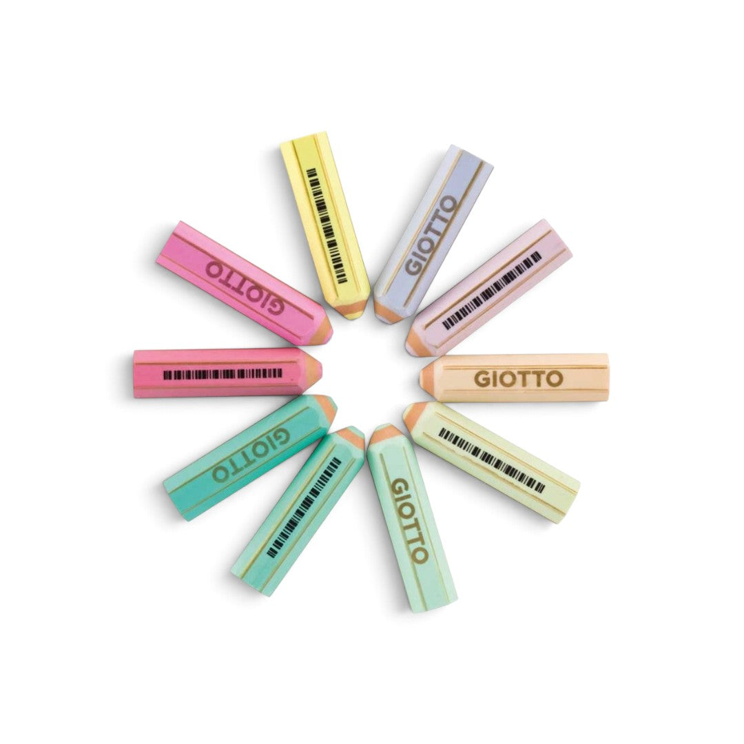 Quiscuola.it – Zaini, Astucci e Diari Scuola Giotto Happy pastel pencil-shaped erasers arranged in a circle