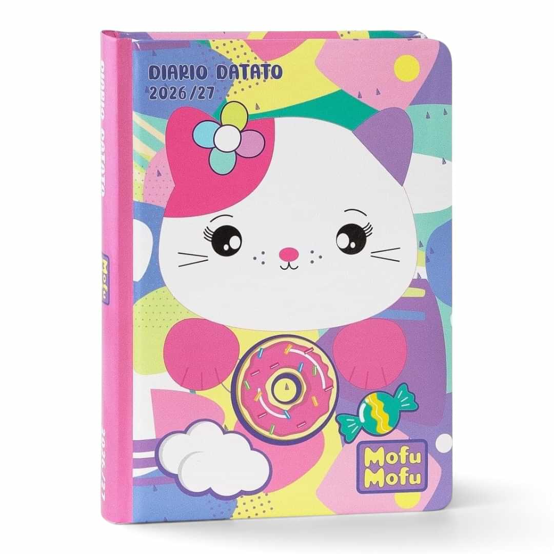 Quiscuola.it – Zaini, Astucci e Diari Scuola Mofu Mofu 2026/27 daily planner with a cute cat and donut illustration.