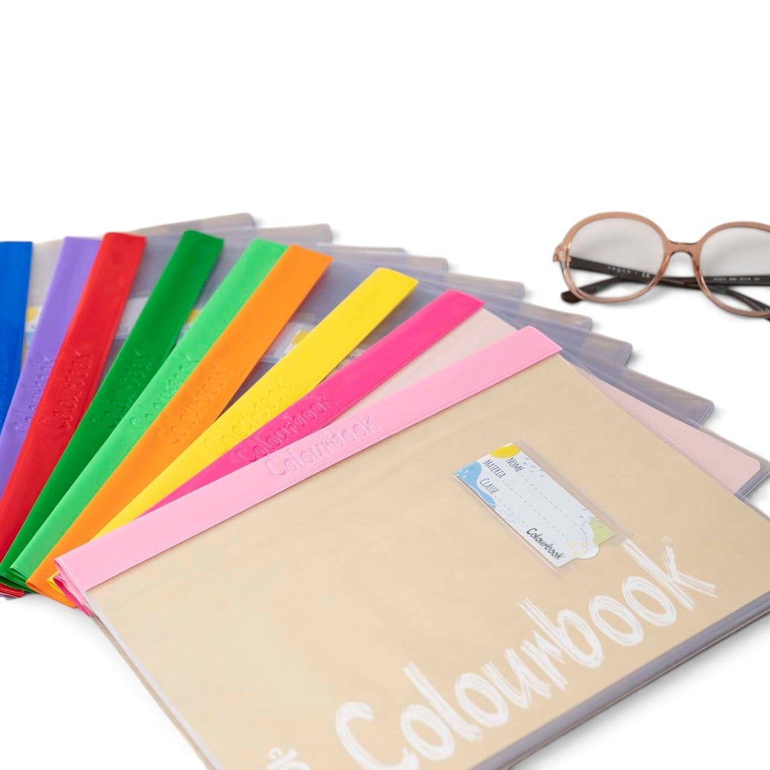 Quiscuola.it – Zaini, Astucci e Diari Scuola set of 5 transparent maxi notebook covers with colorful spines and labels