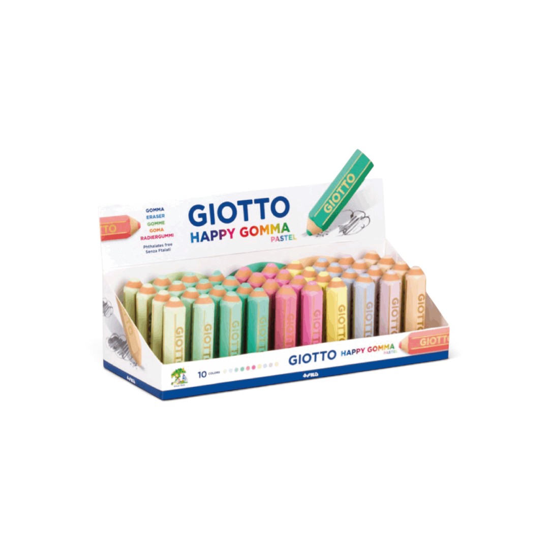 Quiscuola.it – Zaini, Astucci e Diari Scuola display box of Giotto Happy Pastel pencil-shaped erasers in soft colors