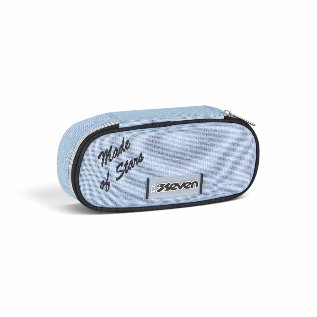 Quiscuola.it – Zaini, Astucci e Diari Scuola SEVEN Round Plus pencil case in light blue shiny fabric with star print