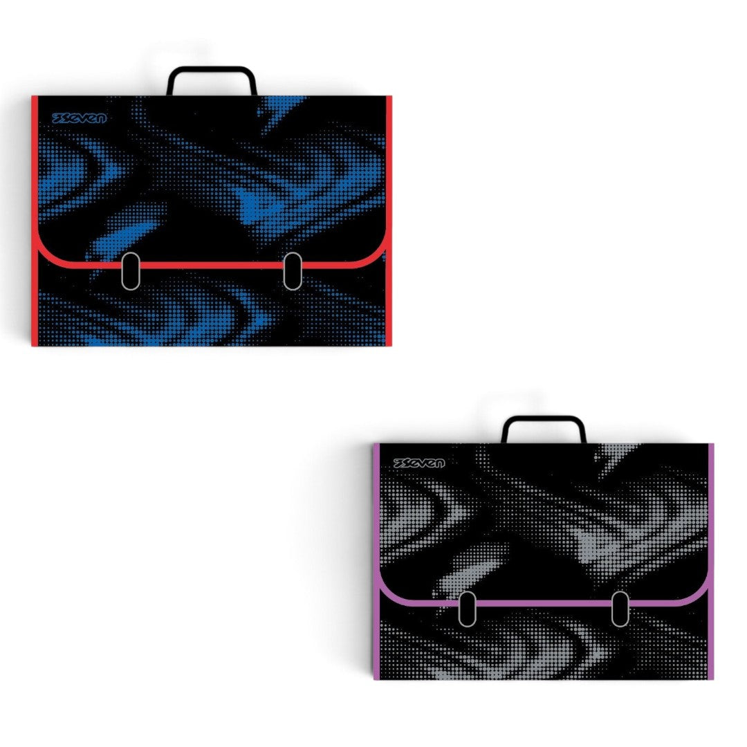 Quiscuola.it – Zaini, Astucci e Diari Scuola Seven polionda document cases in black with blue and pink swirl patterns.