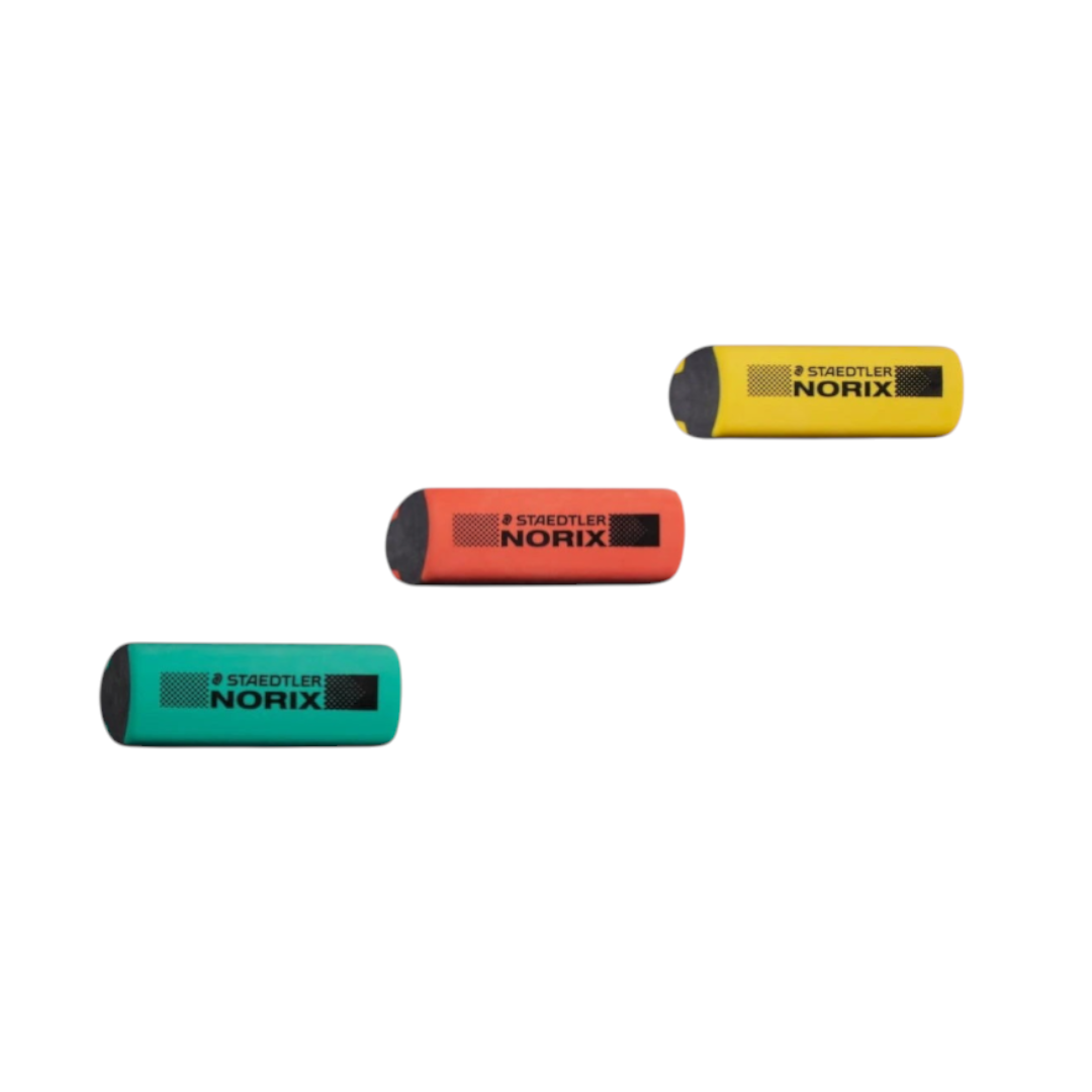Quiscuola.it – Zaini, Astucci e Diari Scuola STAEDTLER NORIX ergonomic TPE erasers in yellow, coral, and green