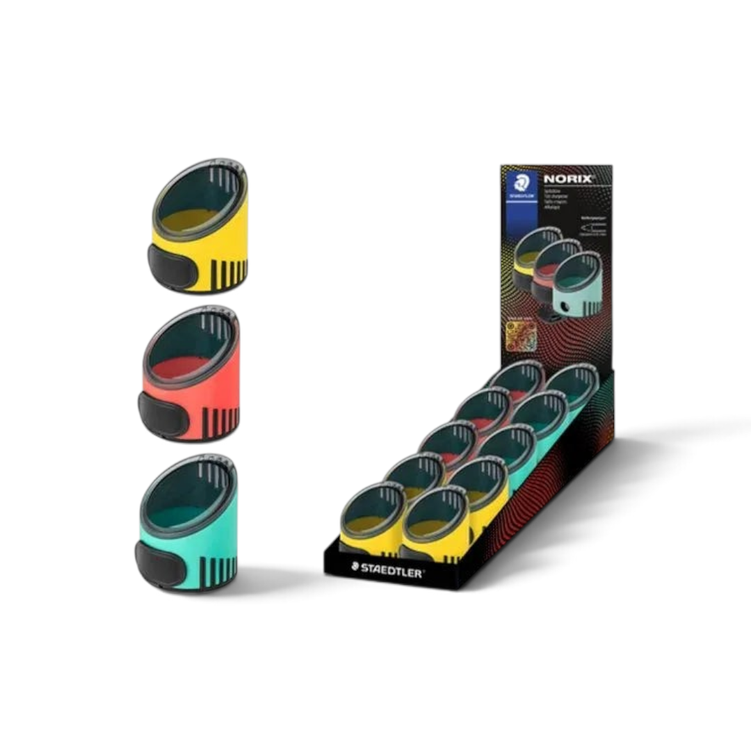 Quiscuola.it – Zaini, Astucci e Diari Scuola Staedtler Norix pencil sharpener display with yellow, red, and teal units