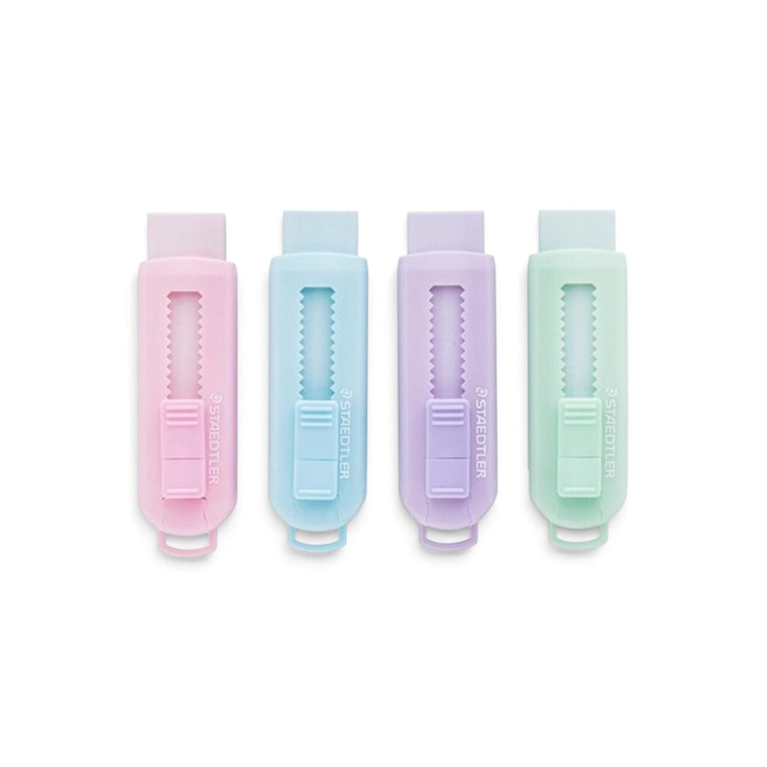 Quiscuola.it – Zaini, Astucci e Diari Scuola Staedtler pastel sliding erasers in pink, blue, purple, and mint green