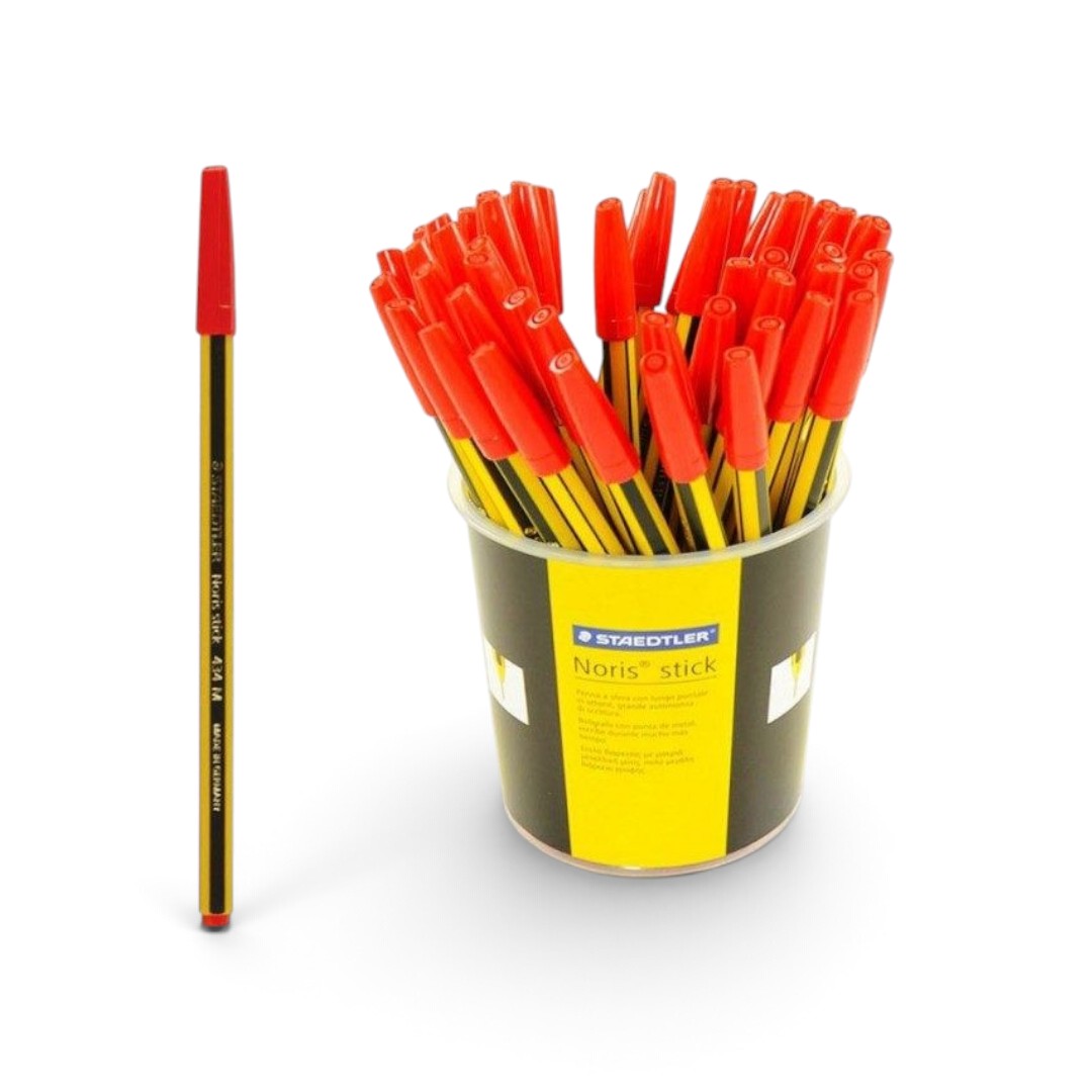 Quiscuola.it – Zaini, Astucci e Diari Scuola Staedtler Noris Stick 434M red ballpoint pens in a desk cup