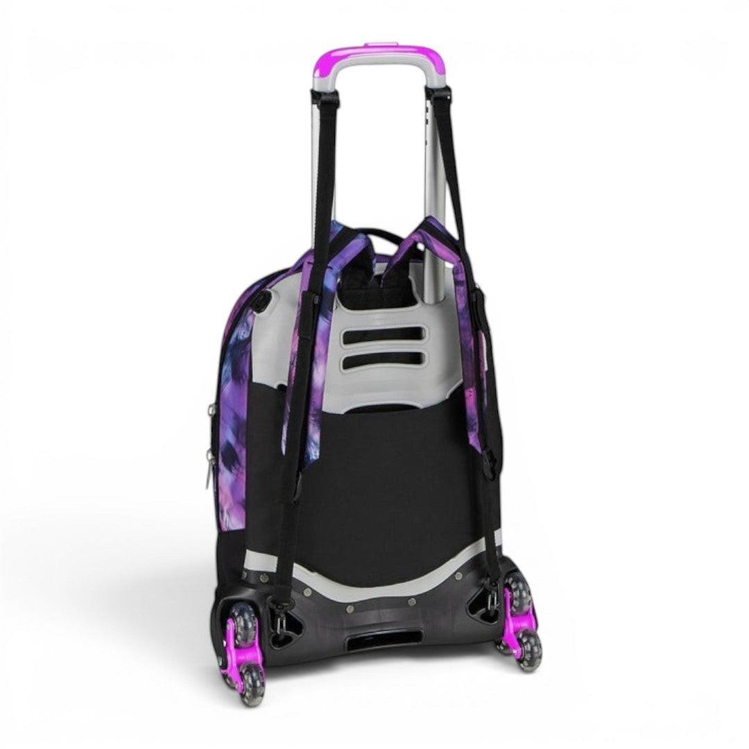 Quiscuola.it rolling backpack with galaxy print in purple, pink, and blue. Features telescopic handle, wheels, and padded straps.