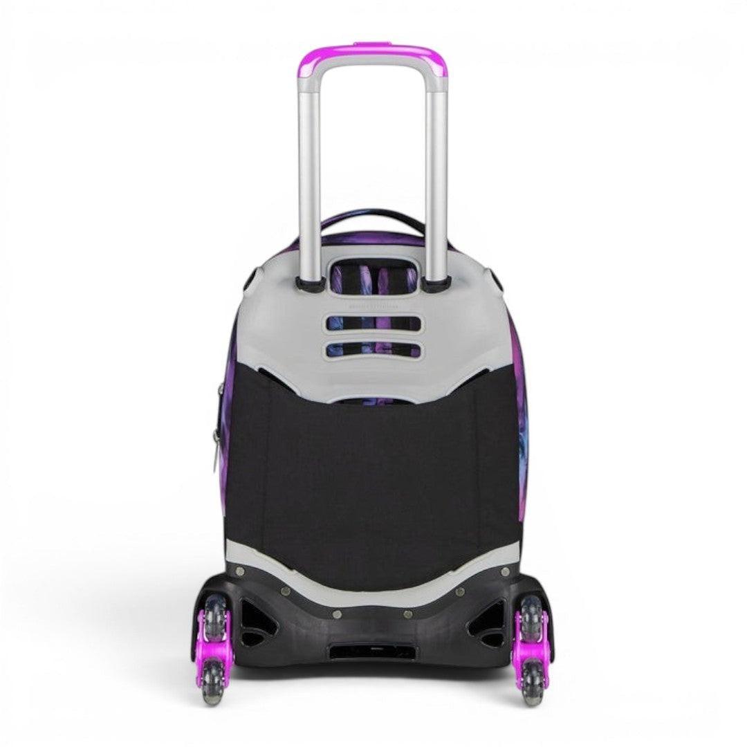 Quiscuola.it rolling backpack with galaxy print in purple, pink, and blue, featuring a telescopic handle and pink wheels.