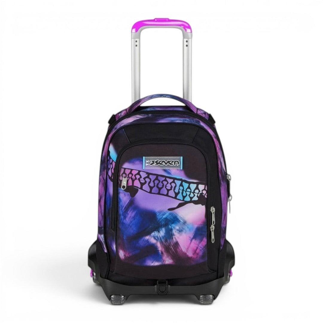 Quiscuola.it rolling backpack with galaxy print in purple, pink, and blue. Features telescopic handle, wheels, and multiple compartments.