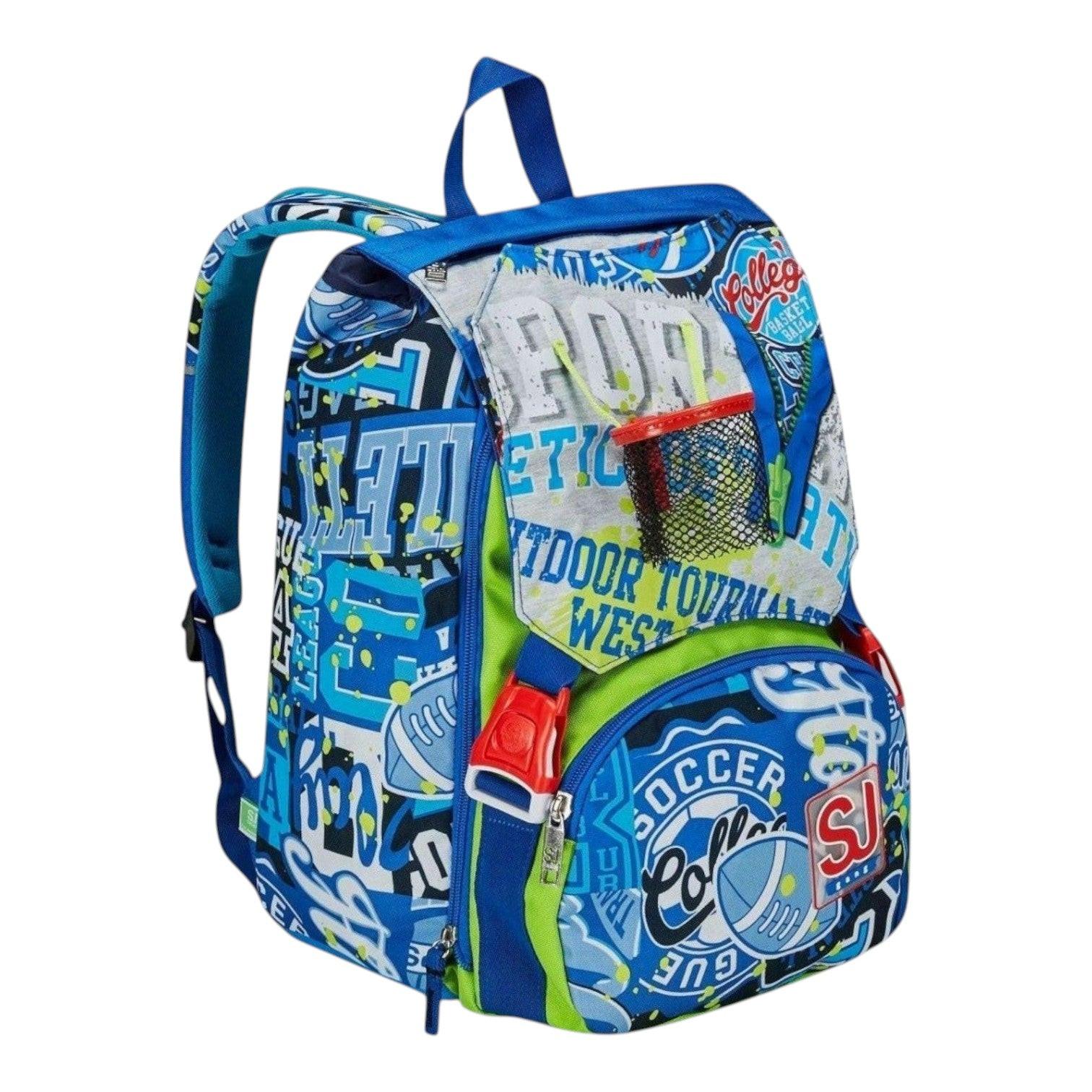 Quiscuola.it backpack with blue, green, and grey graphics inspired by basketball and soccer. Features extendable capacity, mesh cup holder, and padded straps.