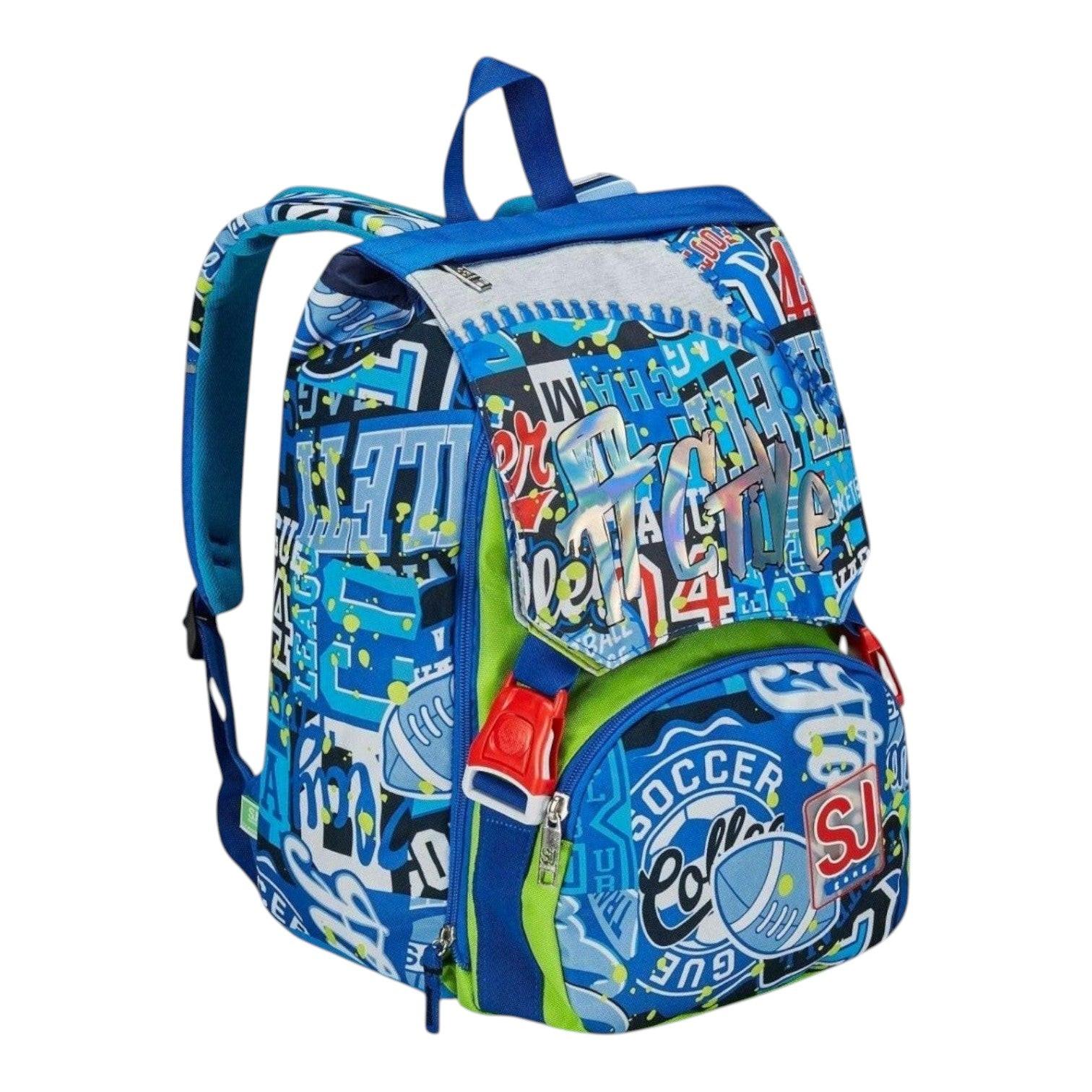 Quiscuola.it blue graffiti print backpack with soccer and basketball graphics, expandable 31L capacity, ideal for school.