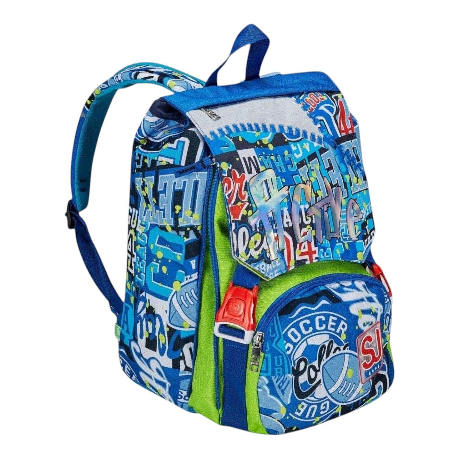 Quiscuola.it – Zaini, Astucci e Diari Scuola blue & green expandable backpack with graffiti-style soccer graphics, 31L capacity.