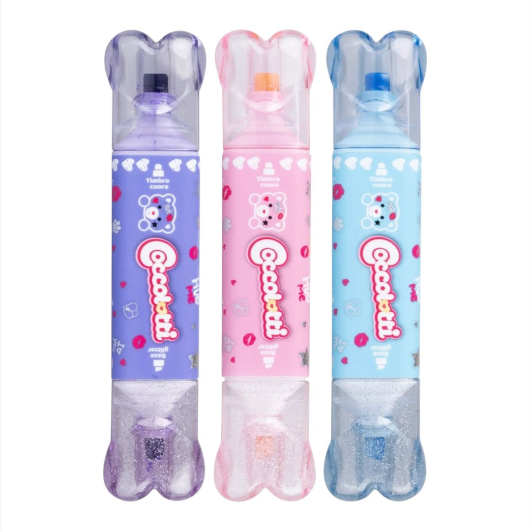 Set 3 Evidenziatori con Timbro Coccolotti – Glitter & Cuoricini.