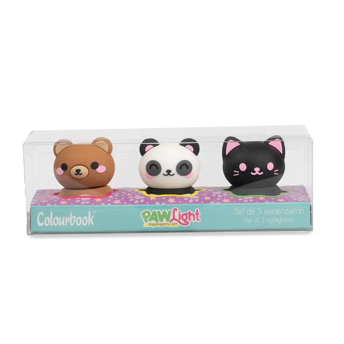 Set 3 evidenziatori PAW Light a forma di animaletti Gatto nero Panda Orsetto - foto 1