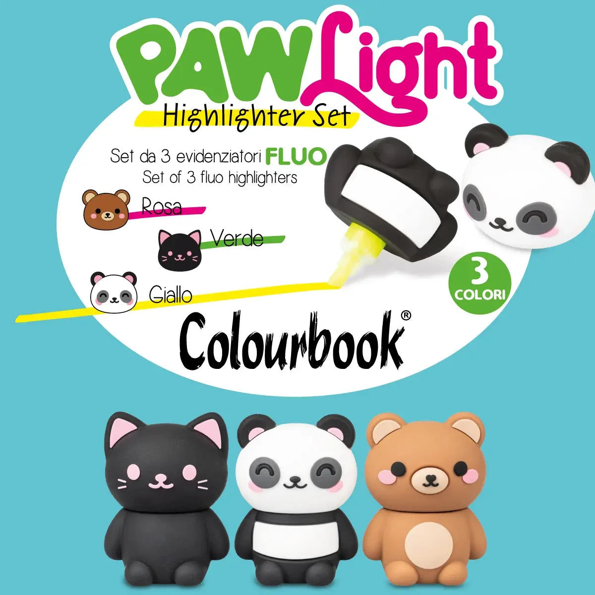Set 3 evidenziatori PAW Light a forma di animaletti Gatto nero Panda Orsetto - foto 8