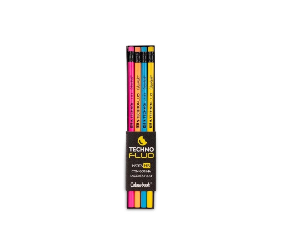 Set di 4 matite COLOURBOOK techno fluo HB con gomma in tinta