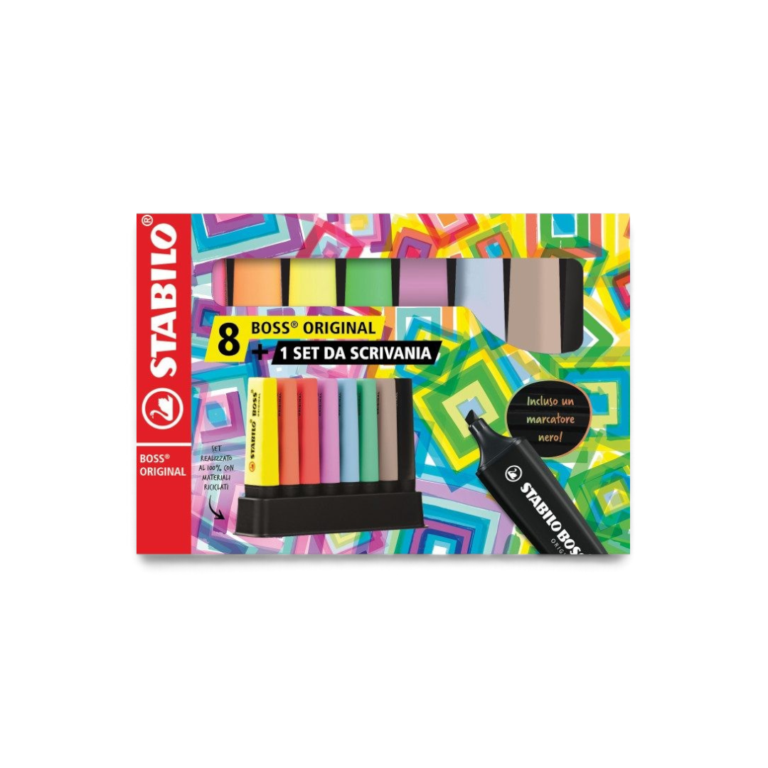 Desk set 8 evidenziatori Stabilo Boss Original Pastel Nature e marcatore nero - foto 2